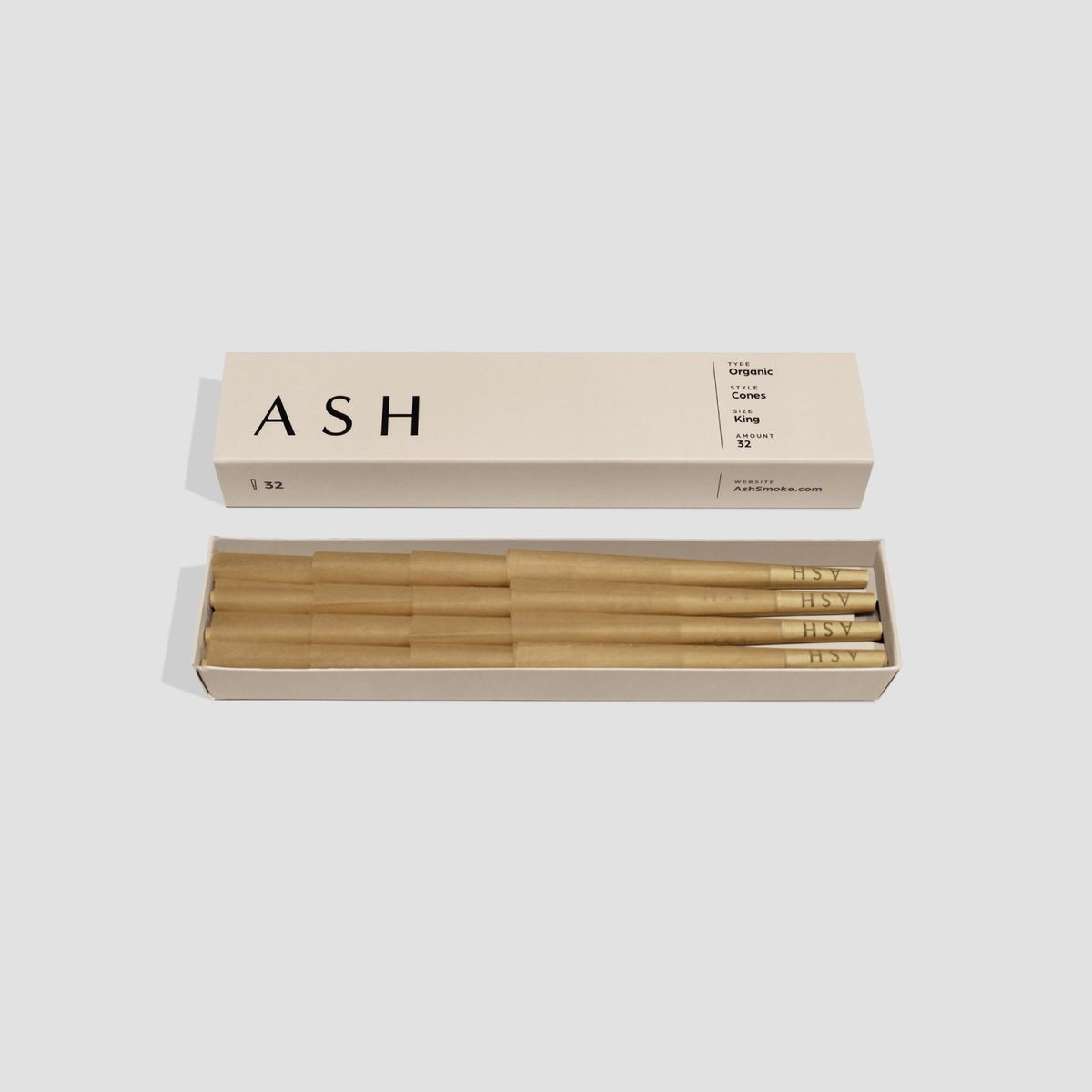 ASH organic king-size pre-rolled cones, 32-count pack